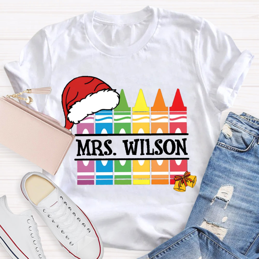 Personalized Name Santa Hat And Colorful Crayons Christmas T-shirt