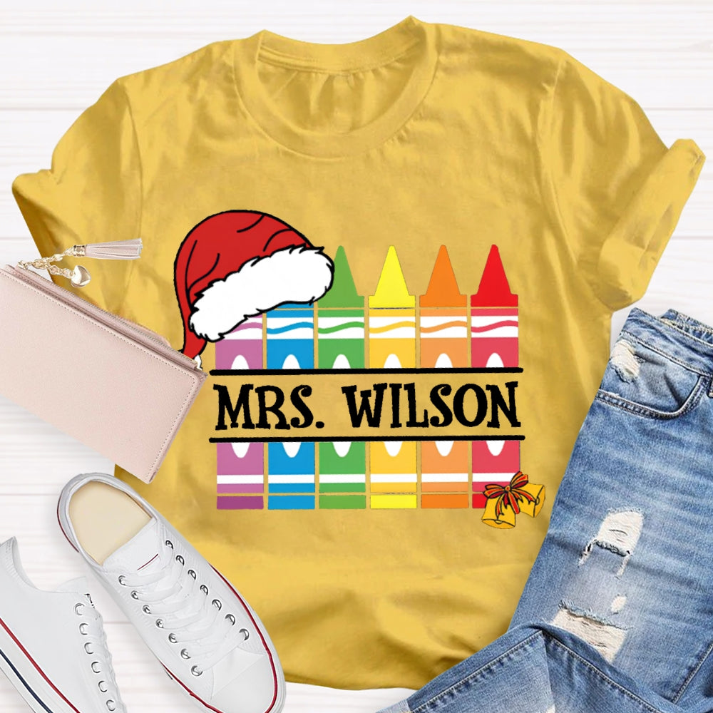 Personalized Name Santa Hat And Colorful Crayons Christmas T-shirt