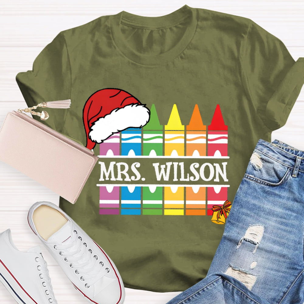 Personalized Name Santa Hat And Colorful Crayons Christmas T-shirt