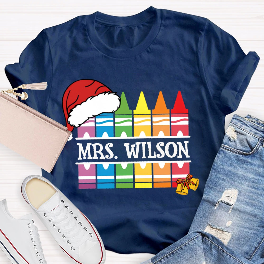 Personalized Name Santa Hat And Colorful Crayons Christmas T-shirt