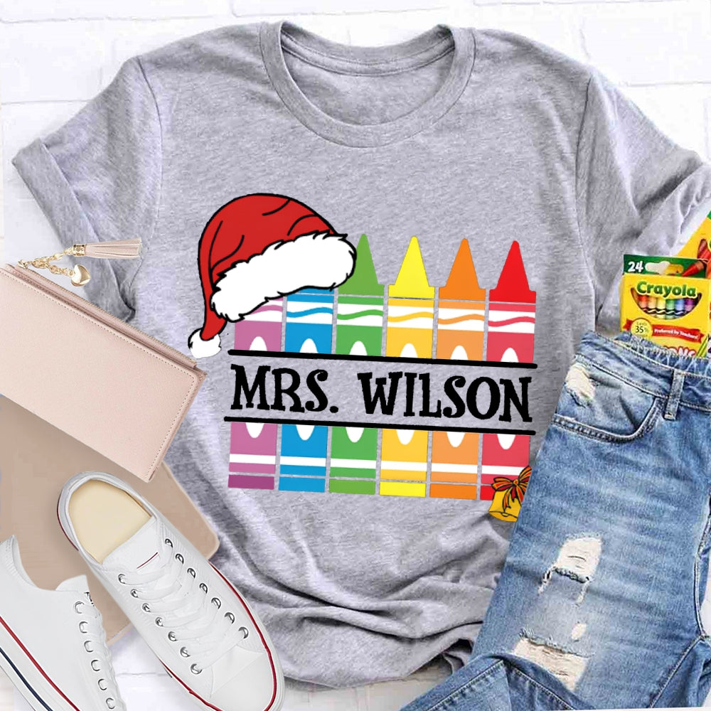 Personalized Name Santa Hat And Colorful Crayons Christmas T-shirt