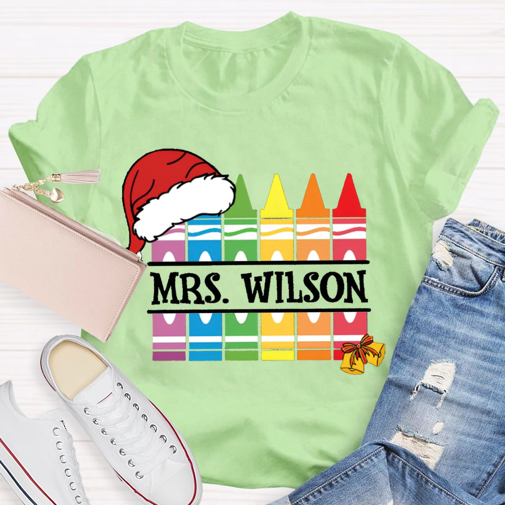 Personalized Name Santa Hat And Colorful Crayons Christmas T-shirt
