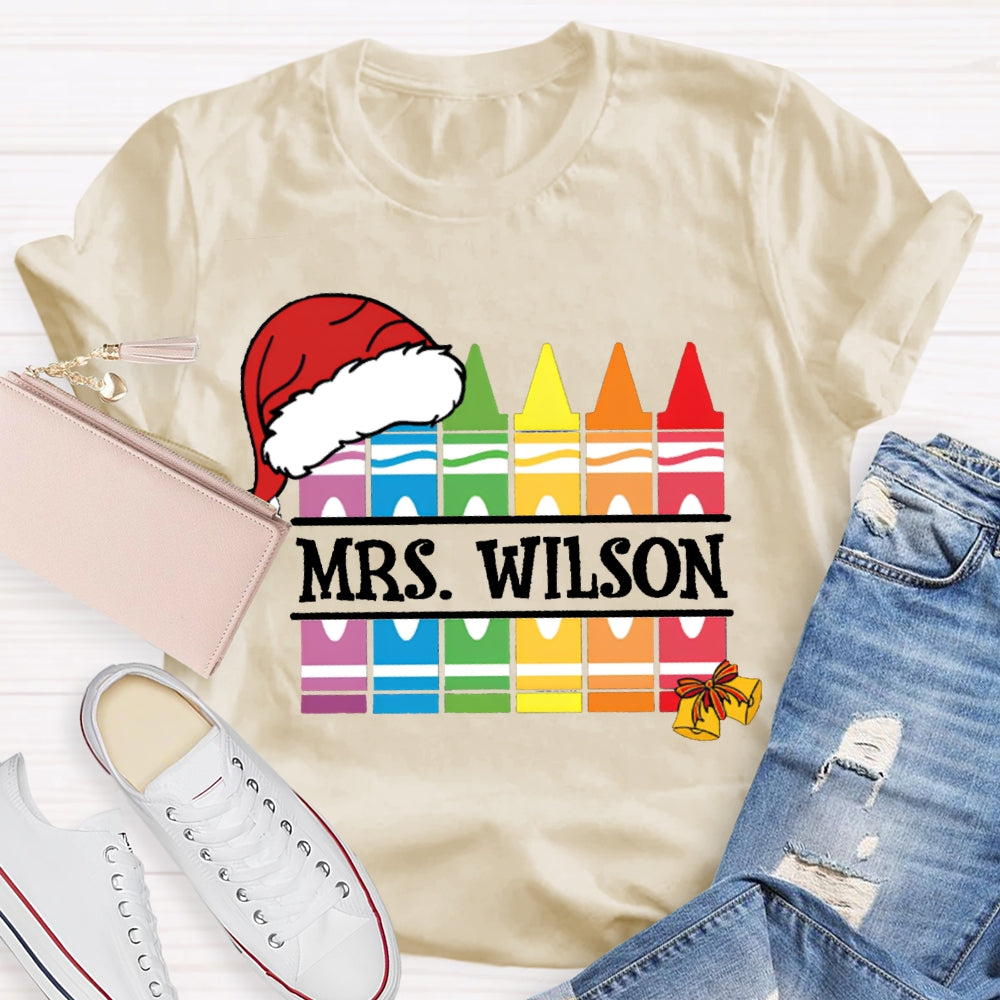 Personalized Name Santa Hat And Colorful Crayons Christmas T-shirt