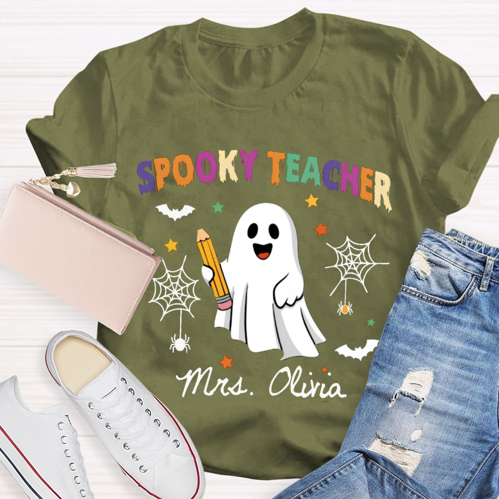 Personalized Name Spooky Teacher Ghost Holding A Pencil T-shirt