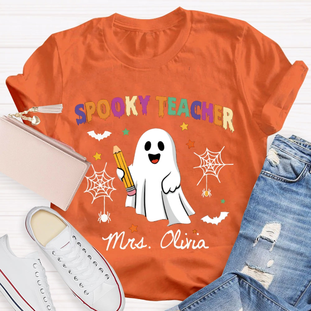 Personalized Name Spooky Teacher Ghost Holding A Pencil T-shirt