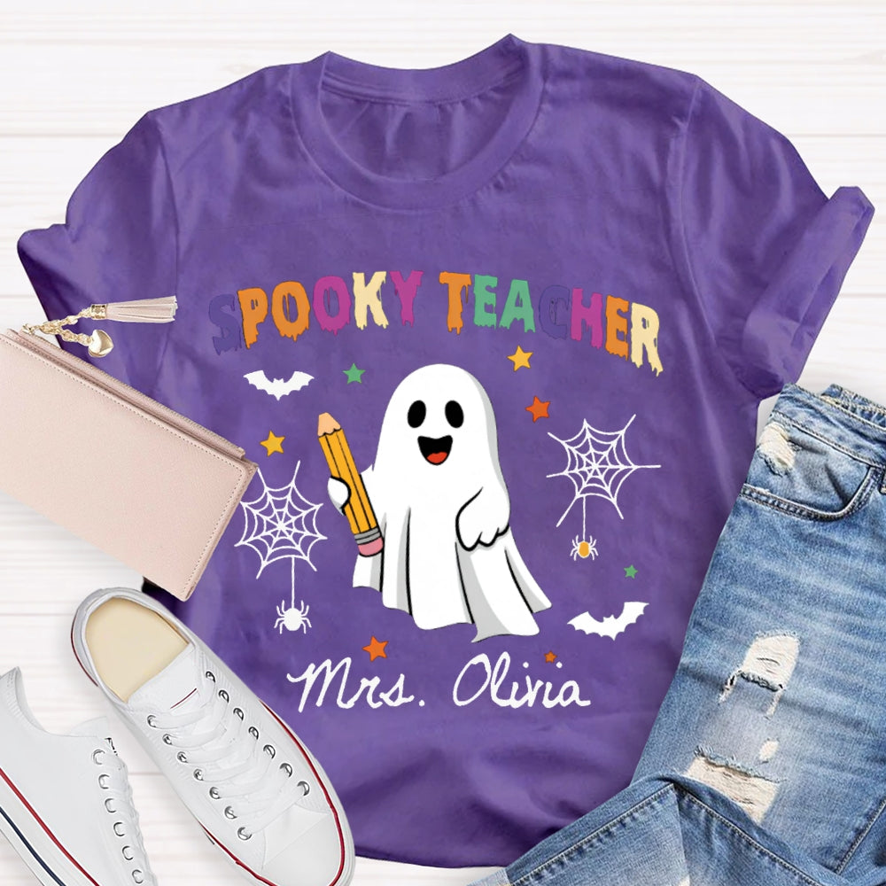 Personalized Name Spooky Teacher Ghost Holding A Pencil T-shirt