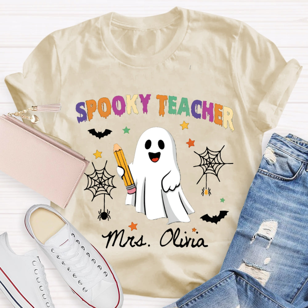 Personalized Name Spooky Teacher Ghost Holding A Pencil T-shirt