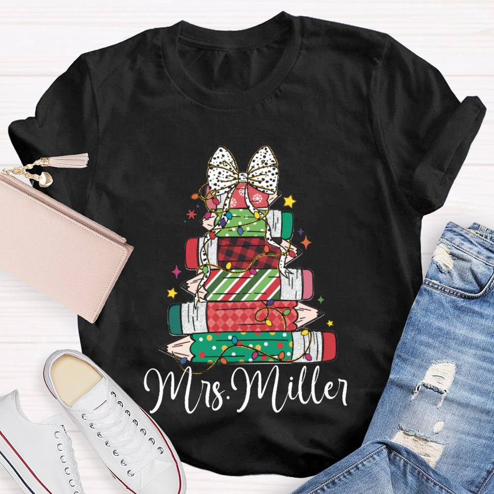 Personalized Name Colorful Crayons And Bows For Christmas T-shirt