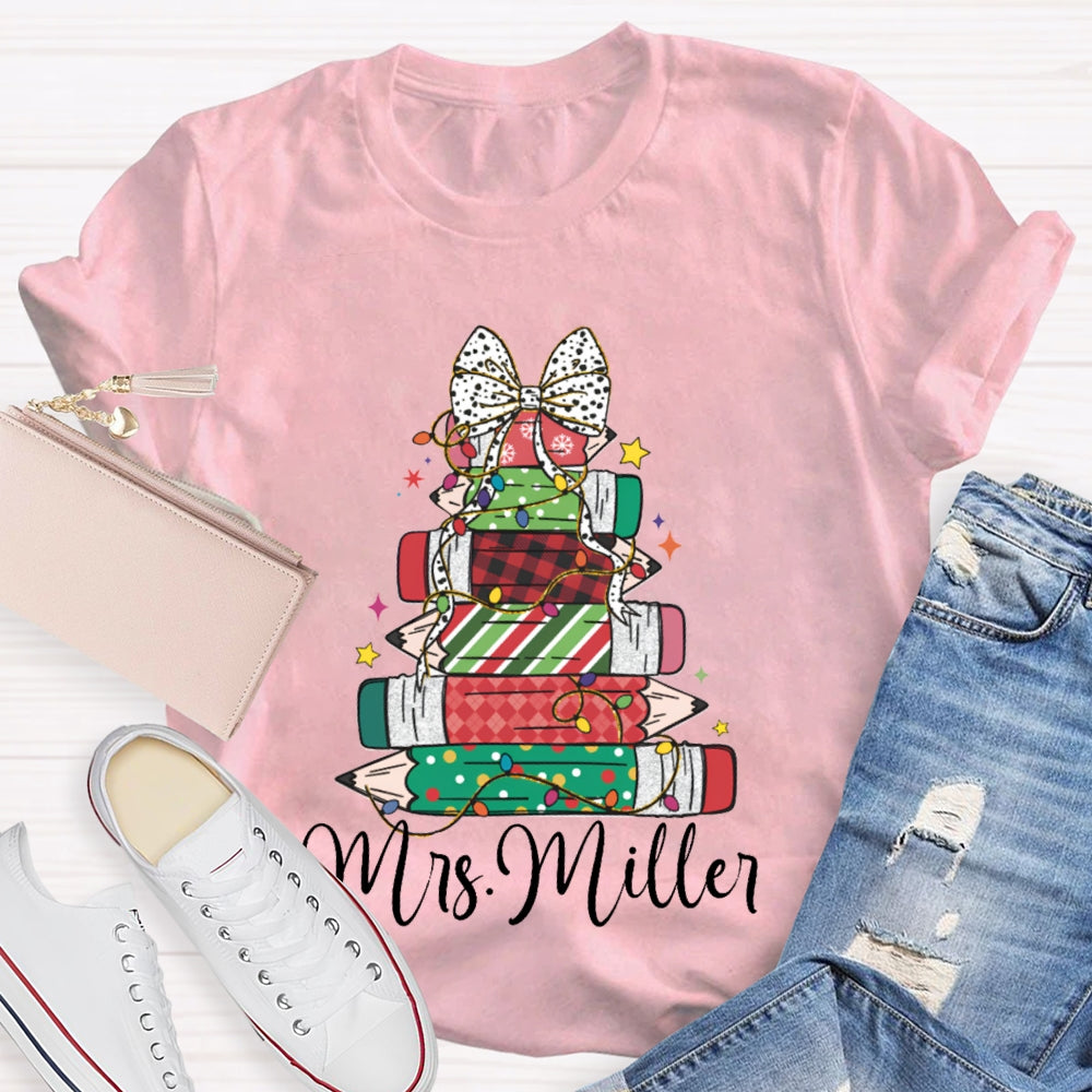Personalized Name Colorful Crayons And Bows For Christmas T-shirt
