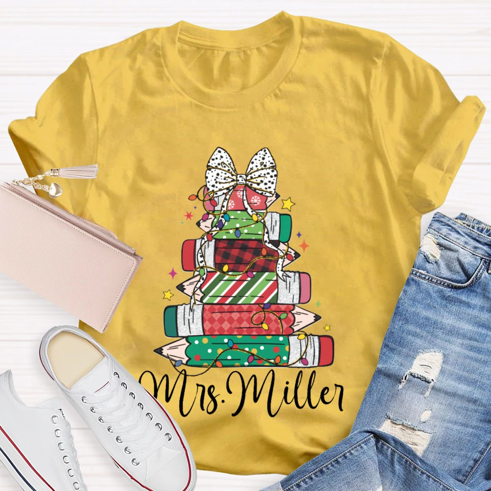 Personalized Name Colorful Crayons And Bows For Christmas T-shirt