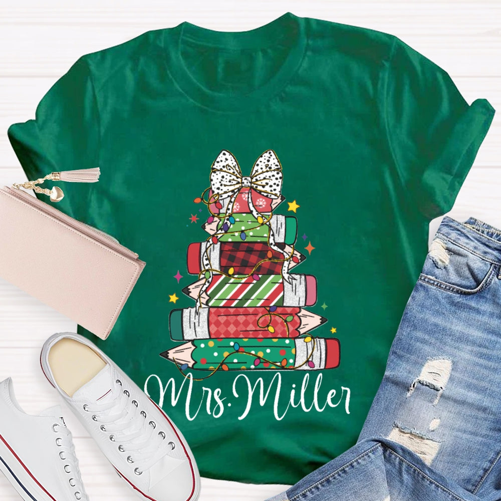 Personalized Name Colorful Crayons And Bows For Christmas T-shirt