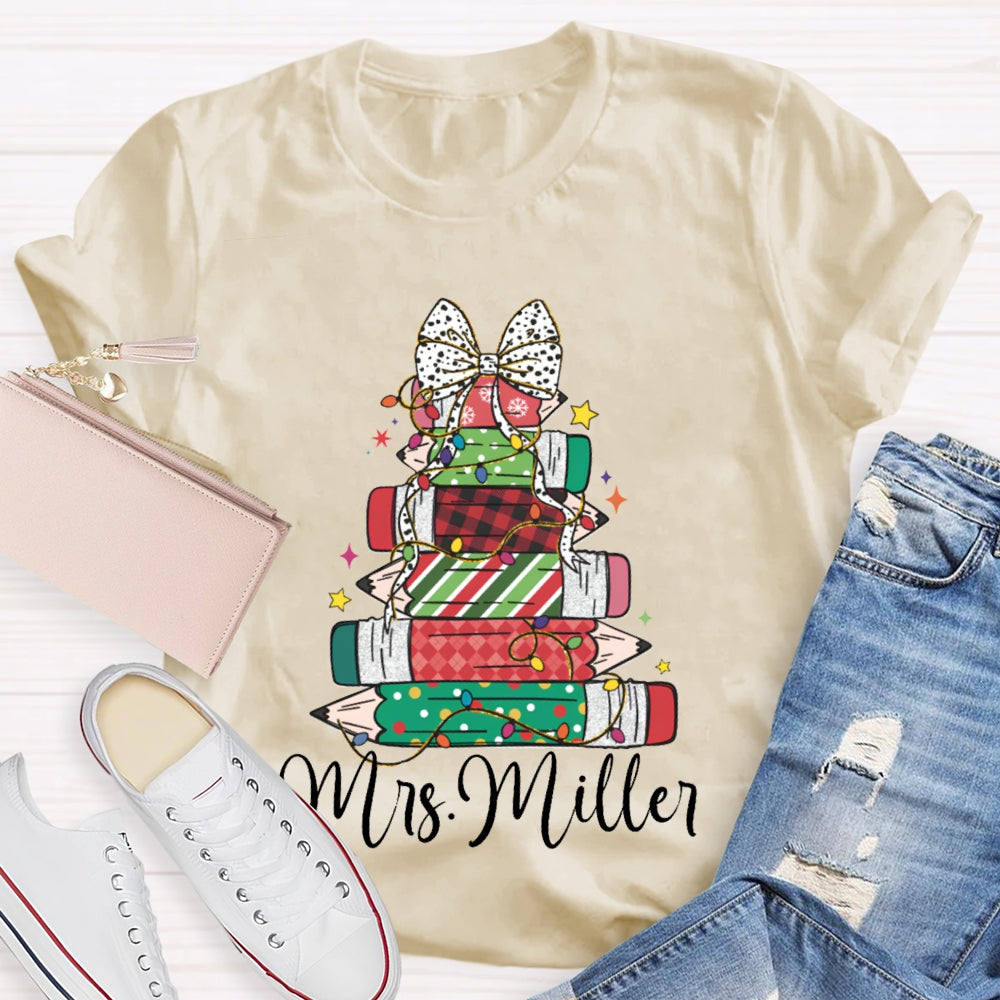 Personalized Name Colorful Crayons And Bows For Christmas T-shirt