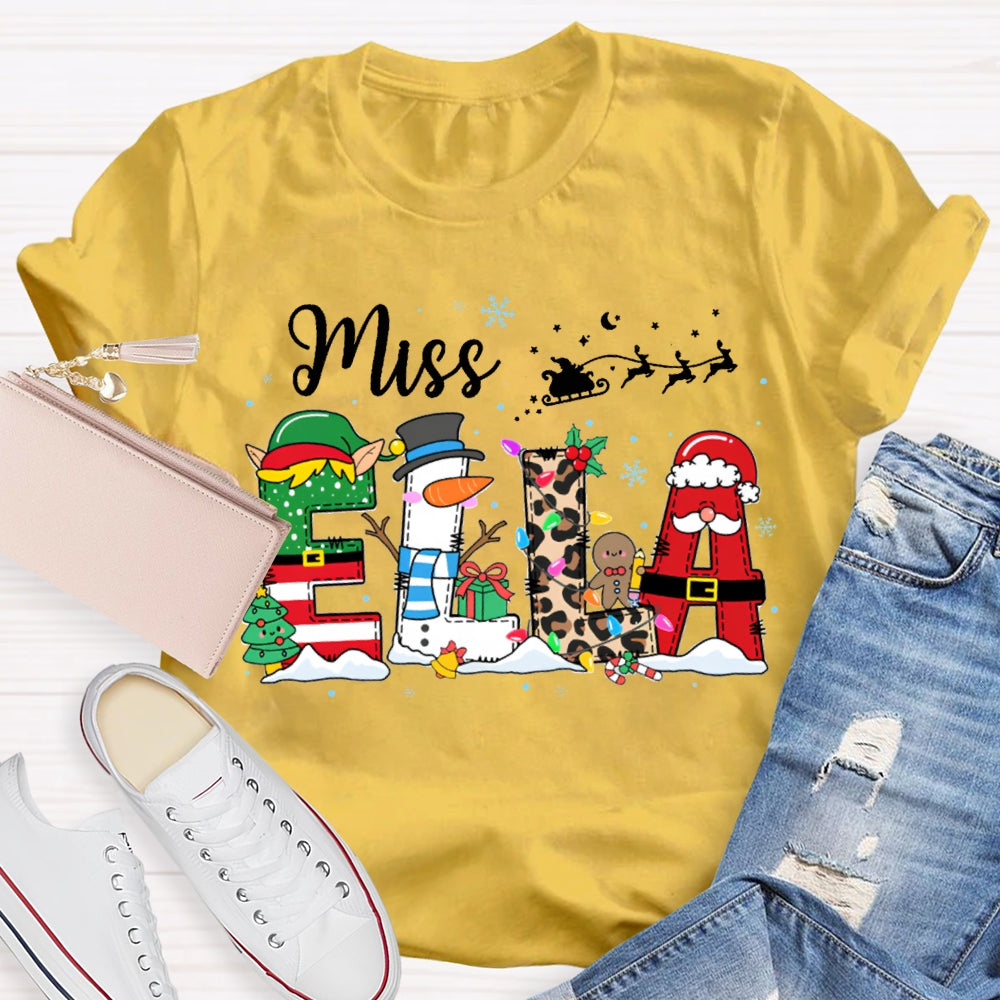 Personalized Name Christmas Tree And Leopard Print Font Christmas T-shirt