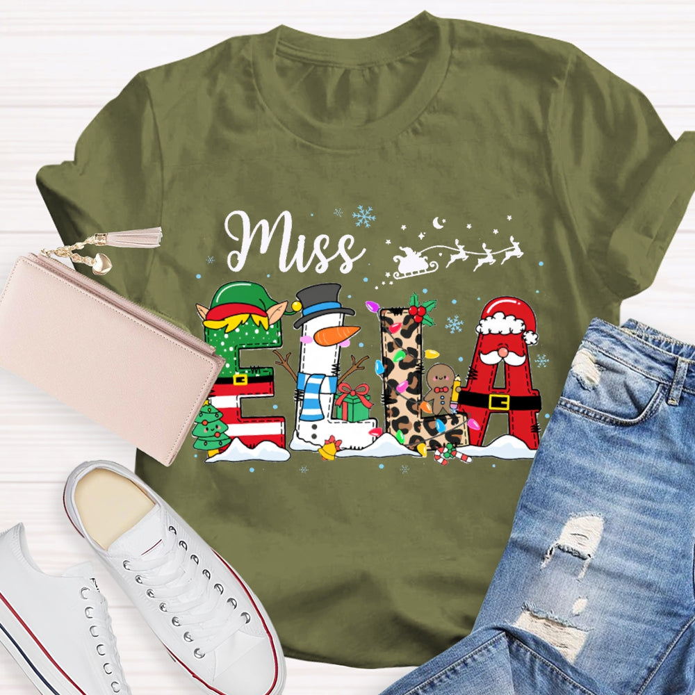 Personalized Name Christmas Tree And Leopard Print Font Christmas T-shirt