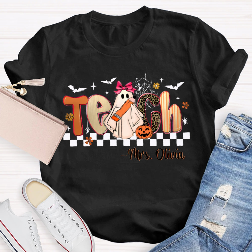 Personalized Name Teach Leopard Print Font And Little Ghost Halloween T-shirt