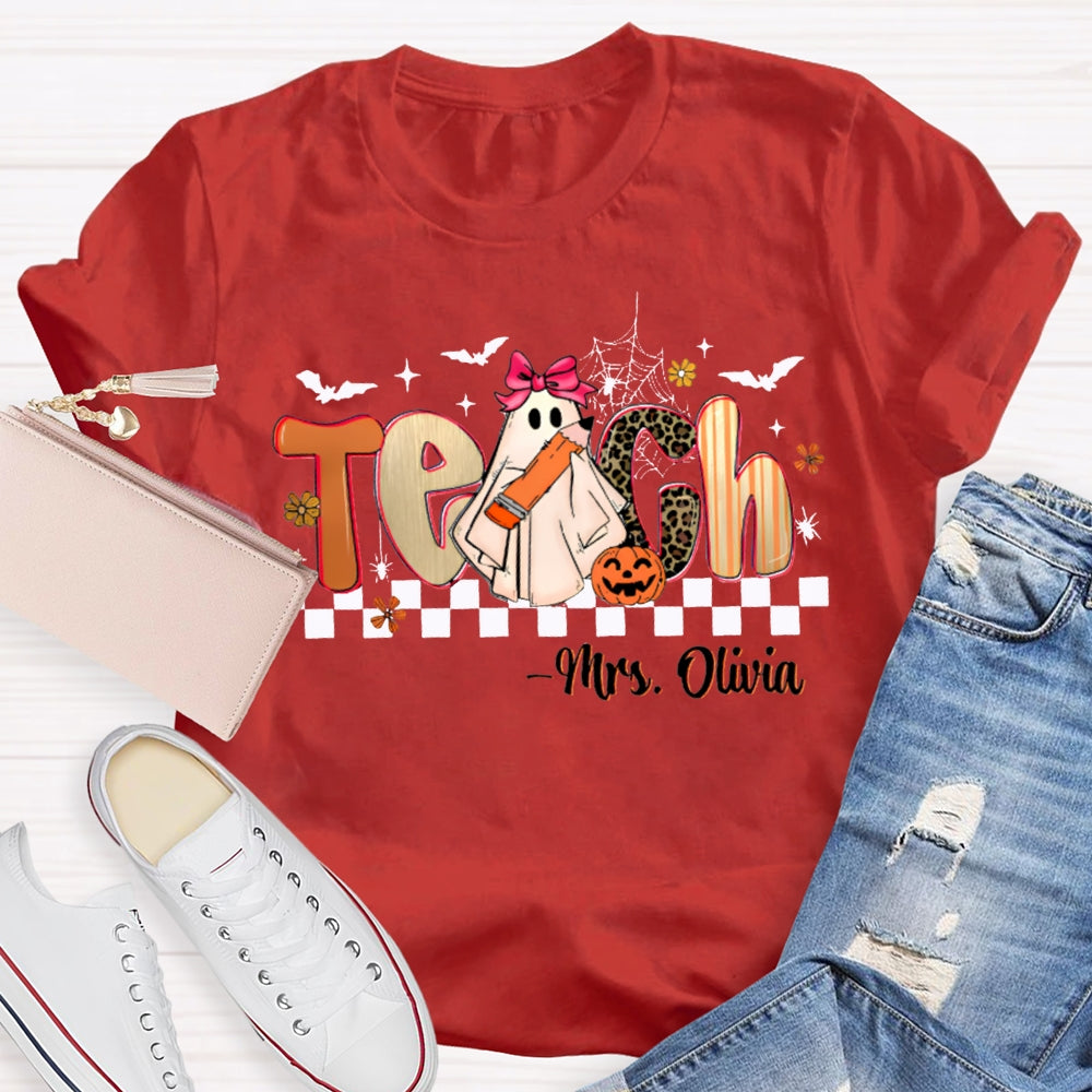 Personalized Name Teach Leopard Print Font And Little Ghost Halloween T-shirt