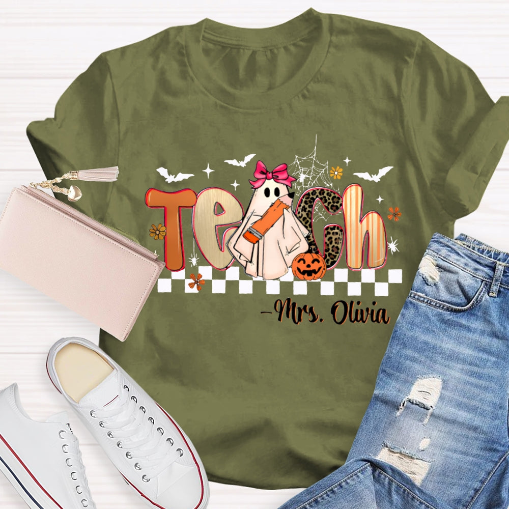 Personalized Name Teach Leopard Print Font And Little Ghost Halloween T-shirt