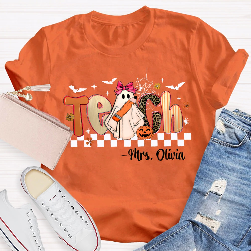 Personalized Name Teach Leopard Print Font And Little Ghost Halloween T-shirt