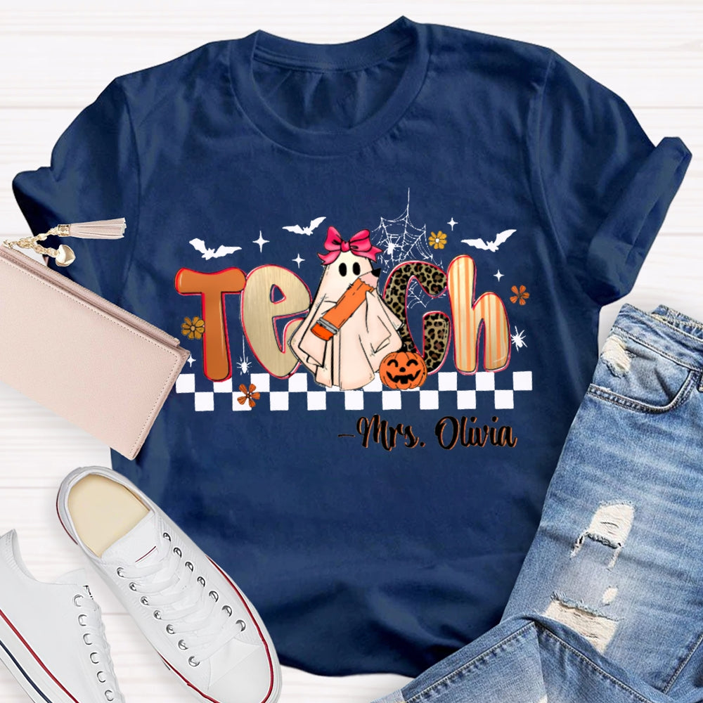 Personalized Name Teach Leopard Print Font And Little Ghost Halloween T-shirt