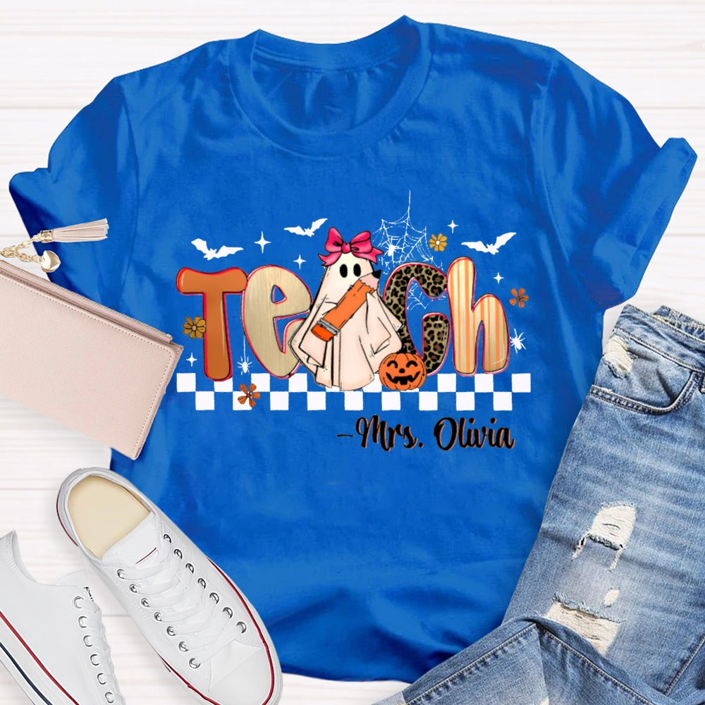 Personalized Name Teach Leopard Print Font And Little Ghost Halloween T-shirt