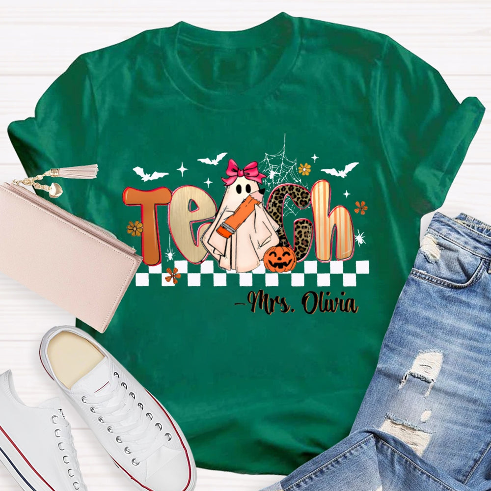 Personalized Name Teach Leopard Print Font And Little Ghost Halloween T-shirt