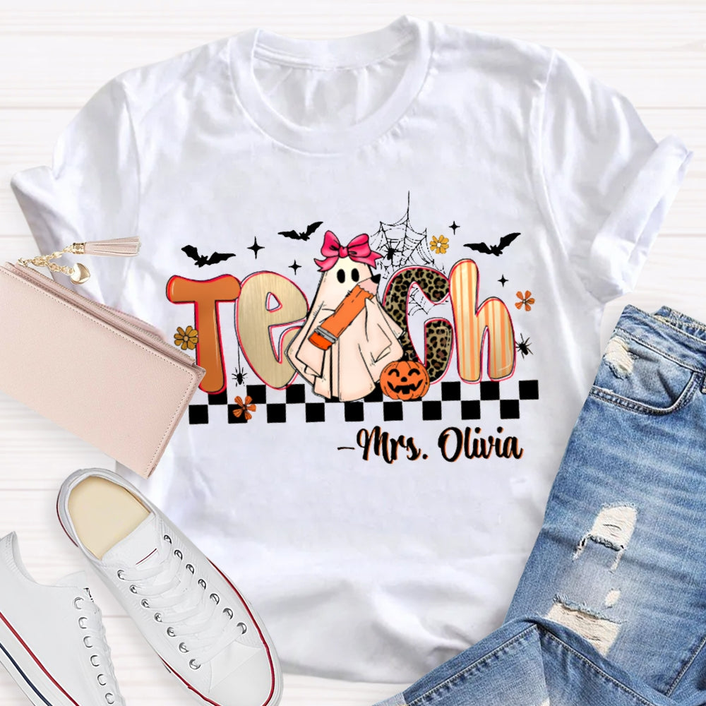 Personalized Name Teach Leopard Print Font And Little Ghost Halloween T-shirt