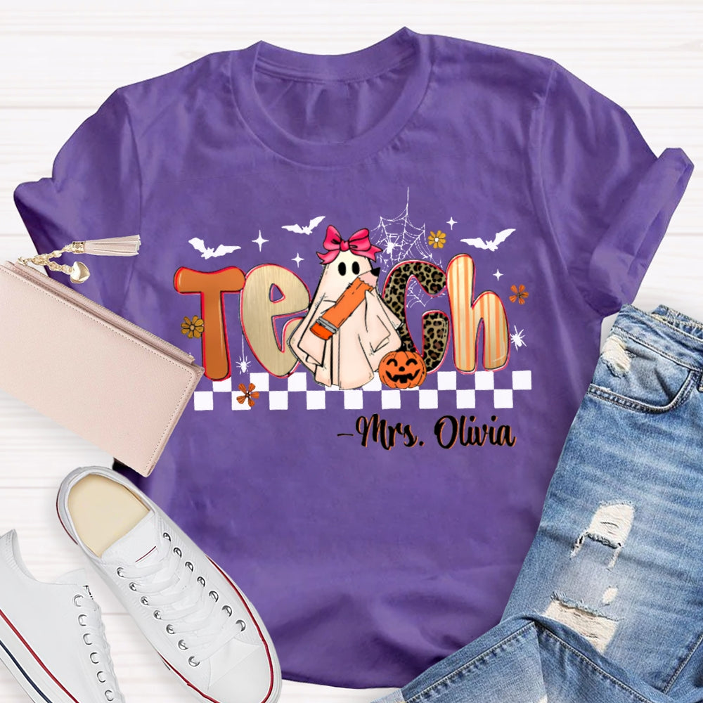 Personalized Name Teach Leopard Print Font And Little Ghost Halloween T-shirt