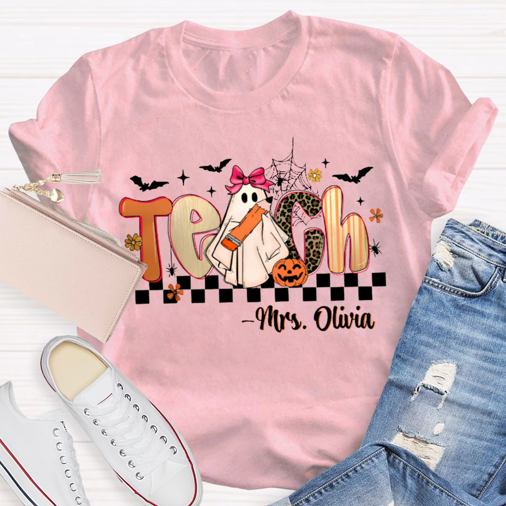 Personalized Name Teach Leopard Print Font And Little Ghost Halloween T-shirt