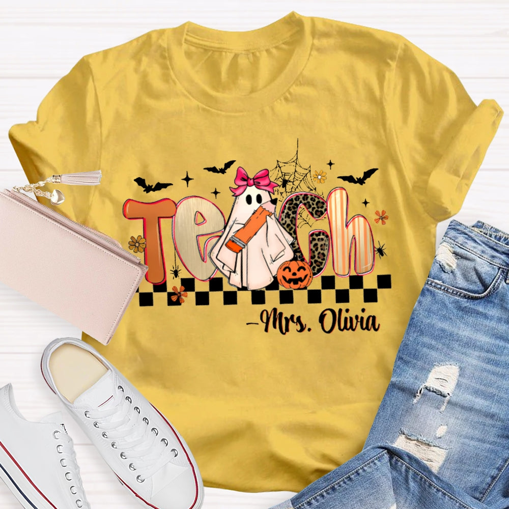 Personalized Name Teach Leopard Print Font And Little Ghost Halloween T-shirt