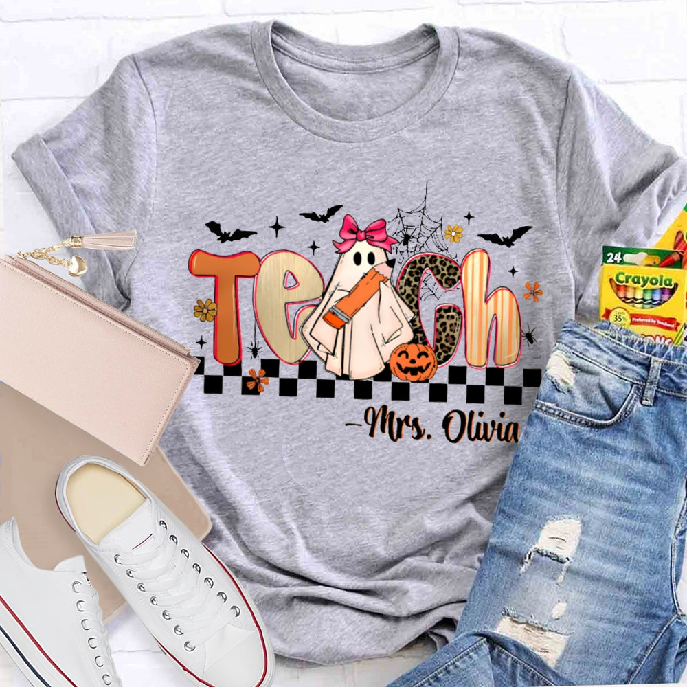 Personalized Name Teach Leopard Print Font And Little Ghost Halloween T-shirt