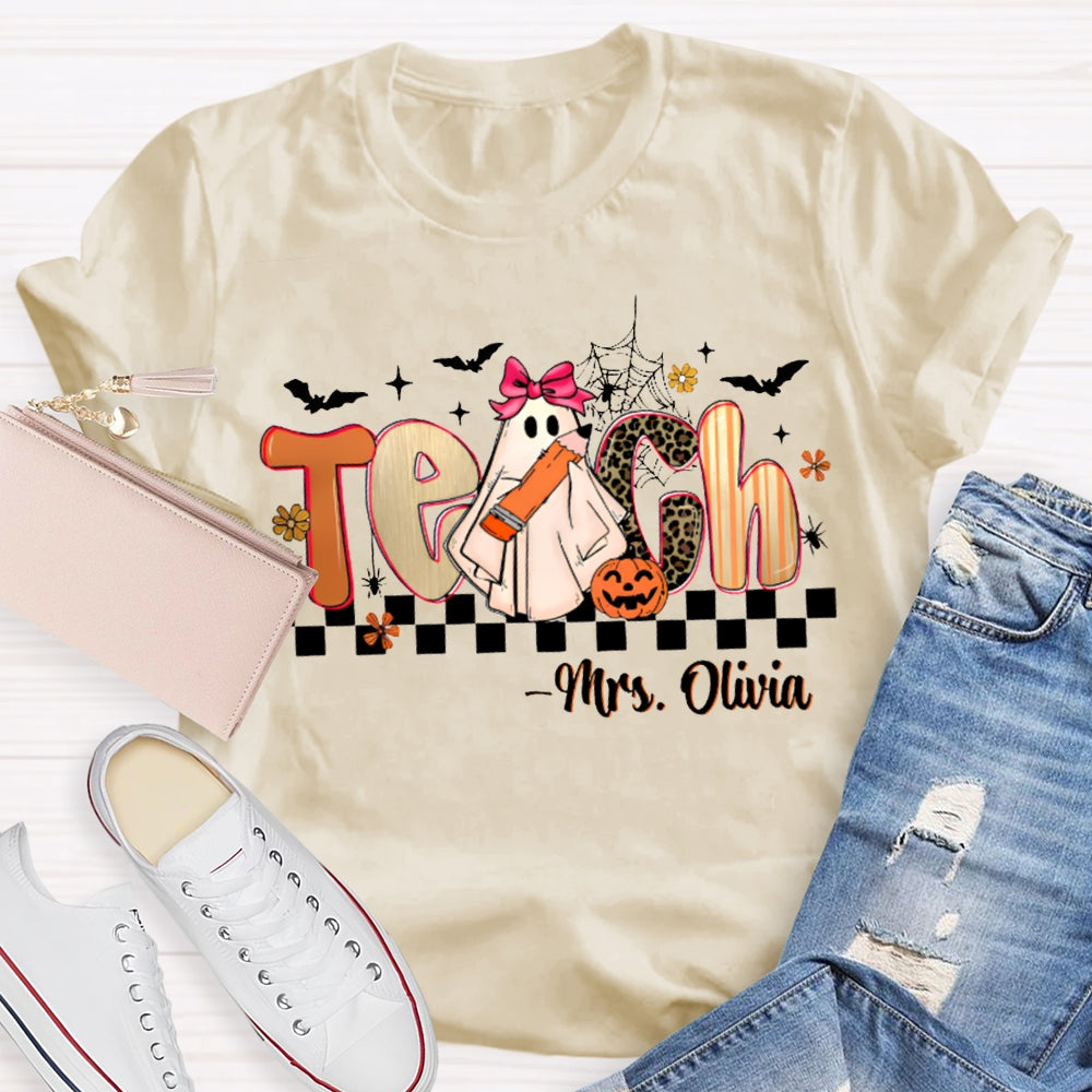 Personalized Name Teach Leopard Print Font And Little Ghost Halloween T-shirt