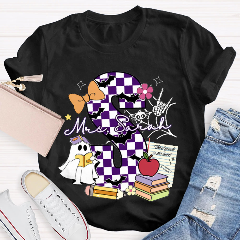 Personalized Name Checkered Font And Cute Little Ghost Halloween T-shirt