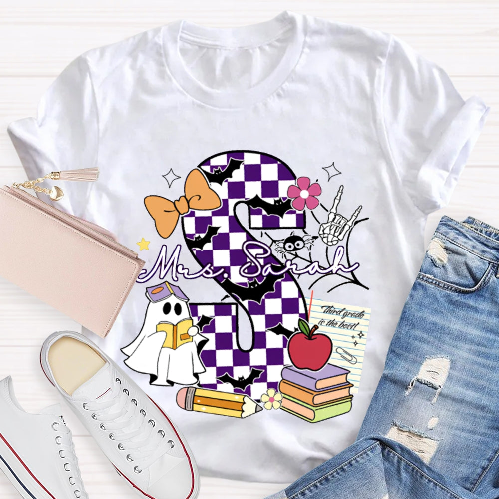 Personalized Name Checkered Font And Cute Little Ghost Halloween T-shirt