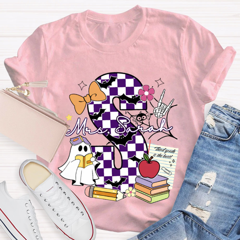 Personalized Name Checkered Font And Cute Little Ghost Halloween T-shirt