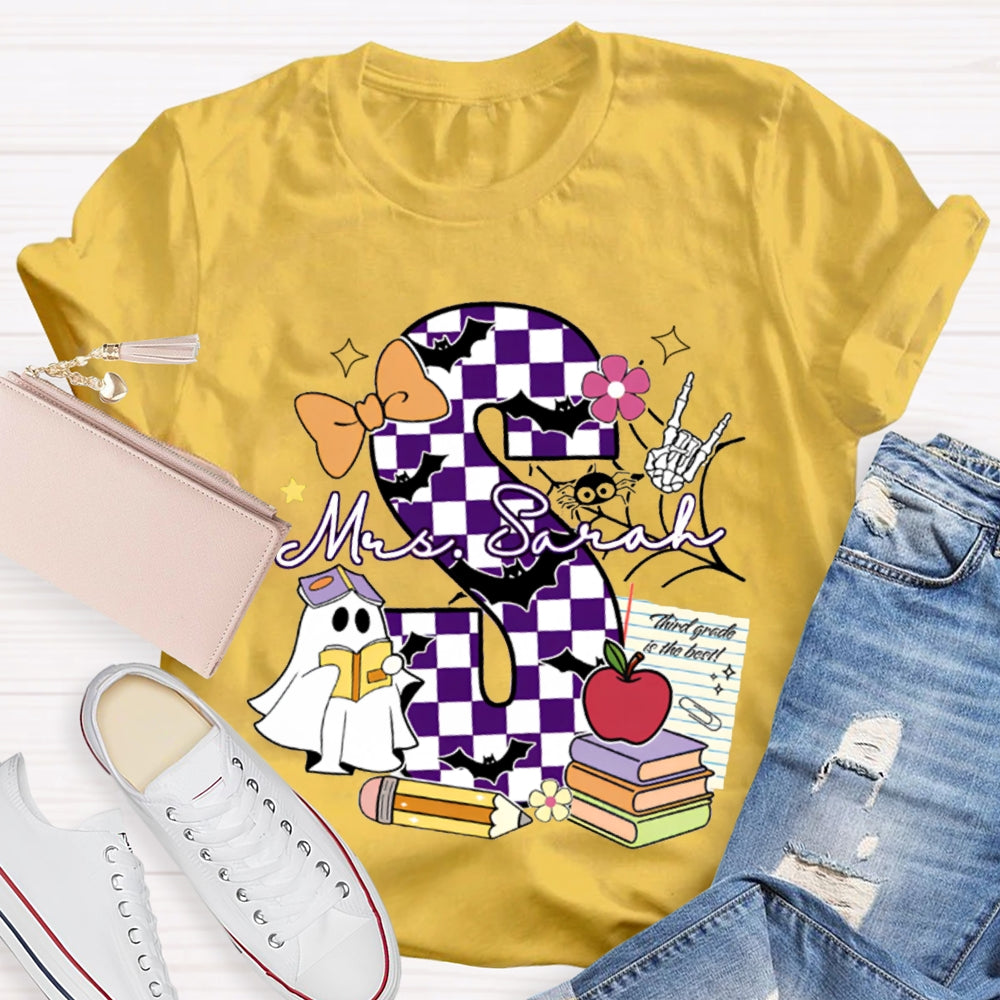 Personalized Name Checkered Font And Cute Little Ghost Halloween T-shirt
