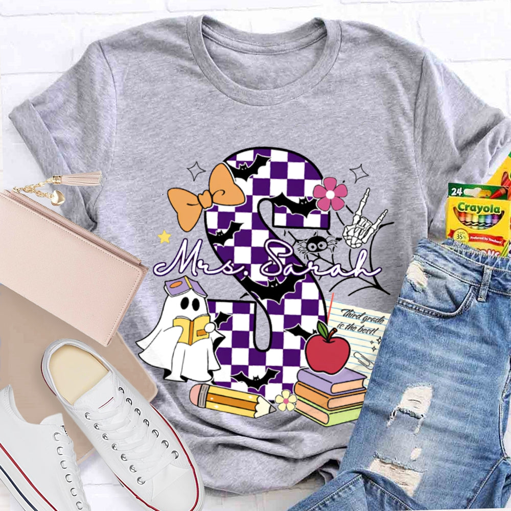 Personalized Name Checkered Font And Cute Little Ghost Halloween T-shirt