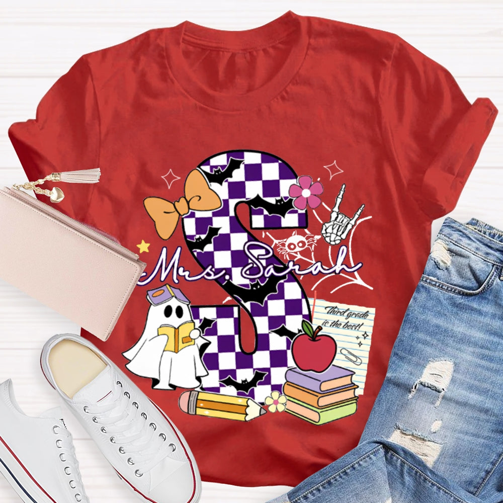 Personalized Name Checkered Font And Cute Little Ghost Halloween T-shirt