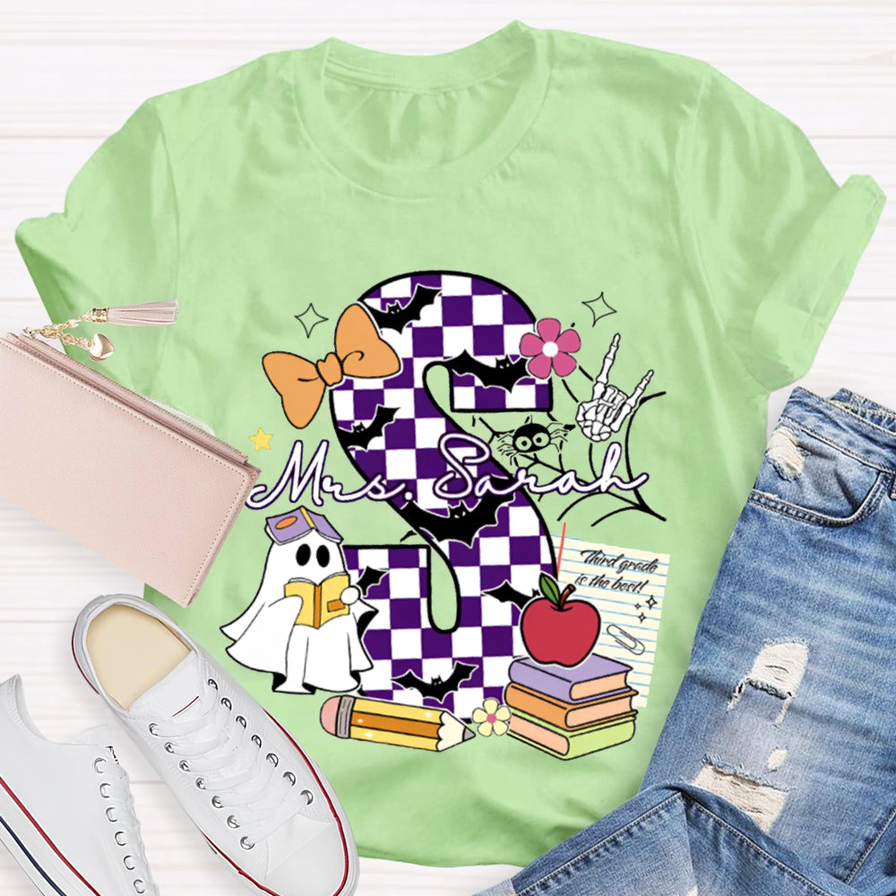 Personalized Name Checkered Font And Cute Little Ghost Halloween T-shirt