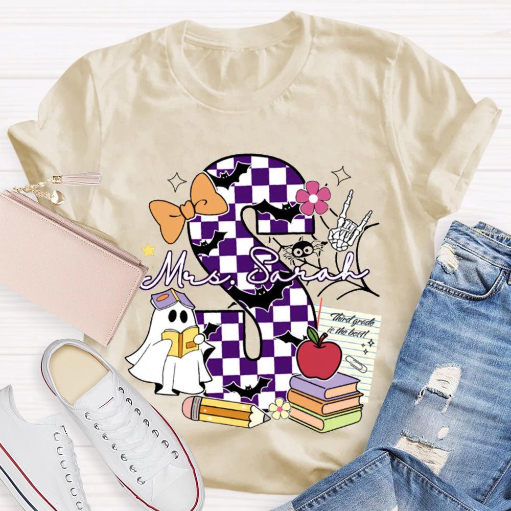 Personalized Name Checkered Font And Cute Little Ghost Halloween T-shirt