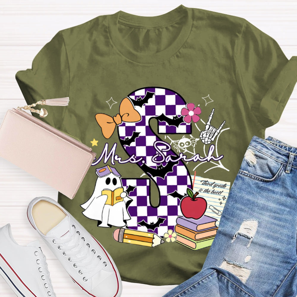 Personalized Name Checkered Font And Cute Little Ghost Halloween T-shirt