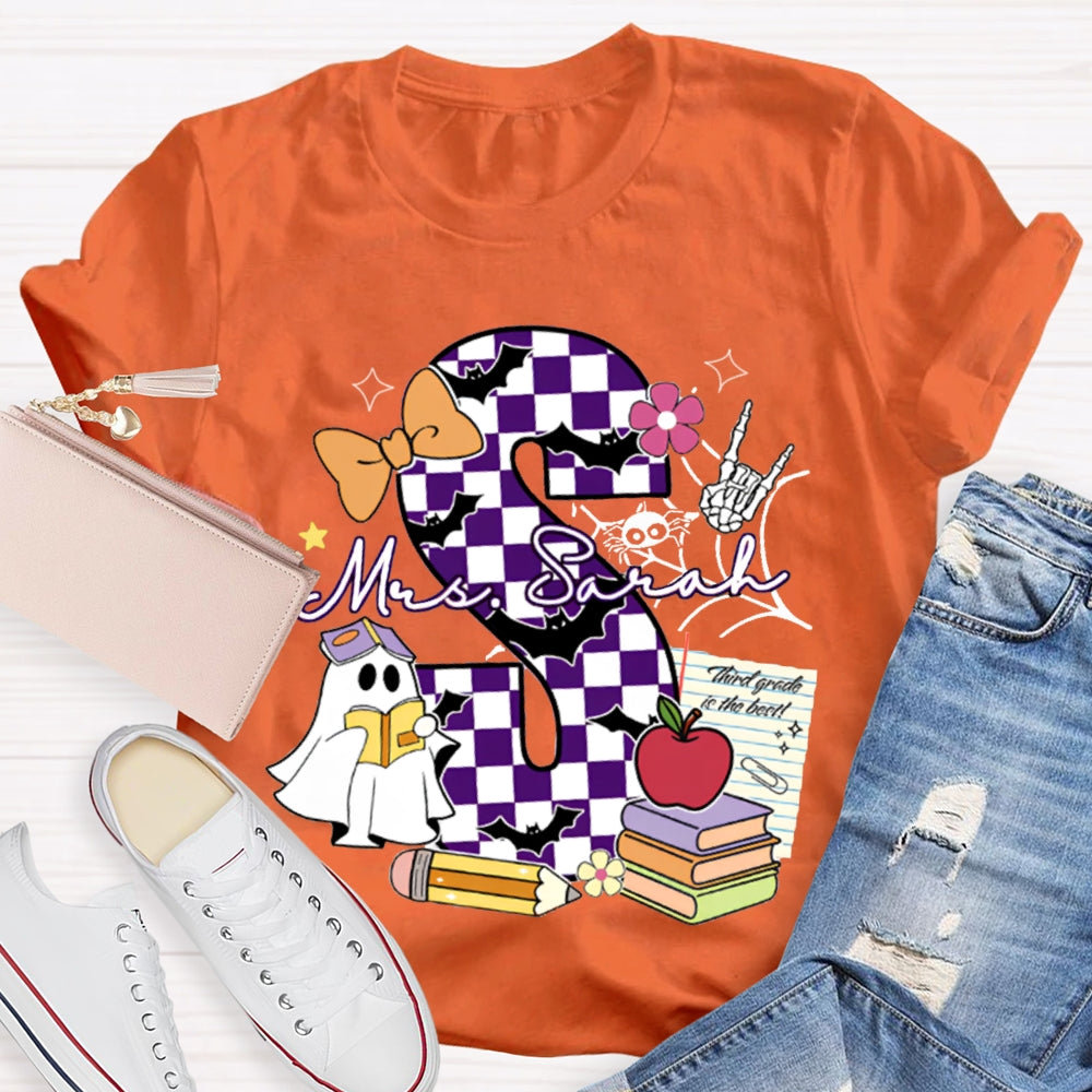 Personalized Name Checkered Font And Cute Little Ghost Halloween T-shirt
