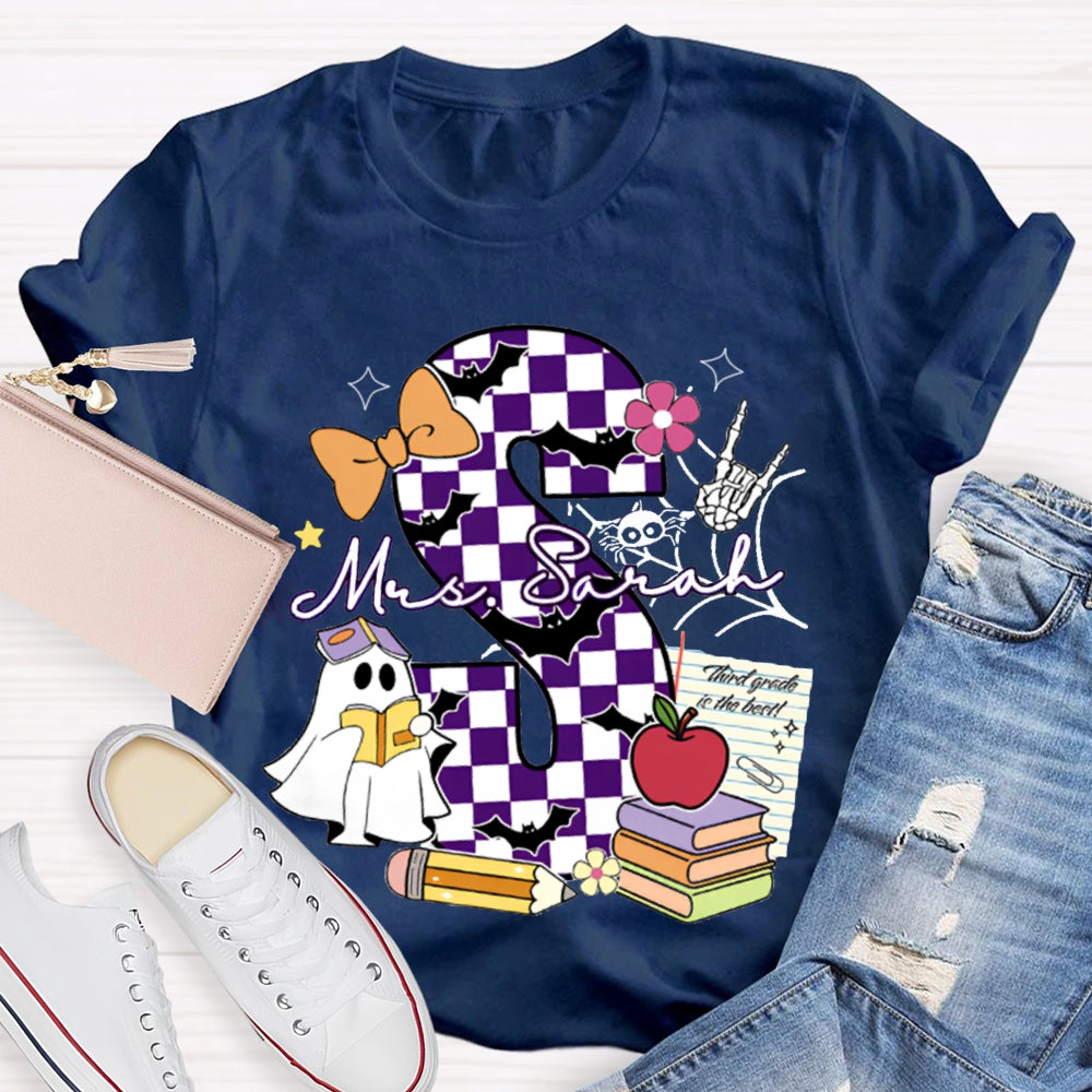 Personalized Name Checkered Font And Cute Little Ghost Halloween T-shirt