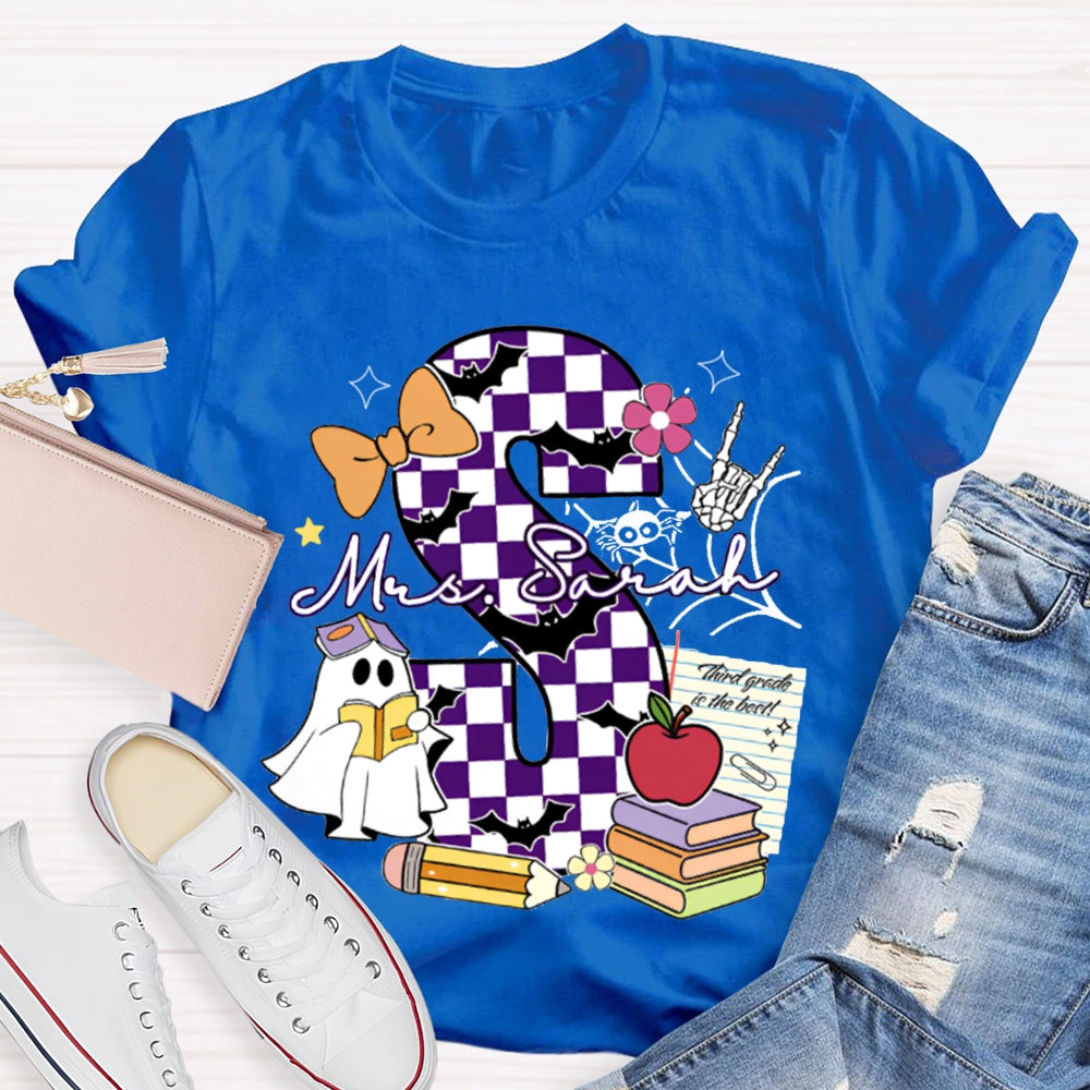 Personalized Name Checkered Font And Cute Little Ghost Halloween T-shirt