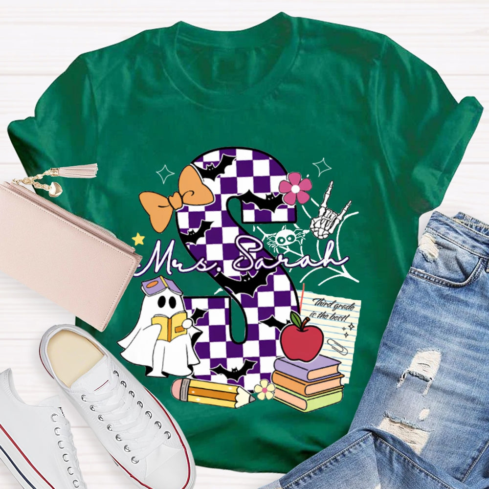 Personalized Name Checkered Font And Cute Little Ghost Halloween T-shirt