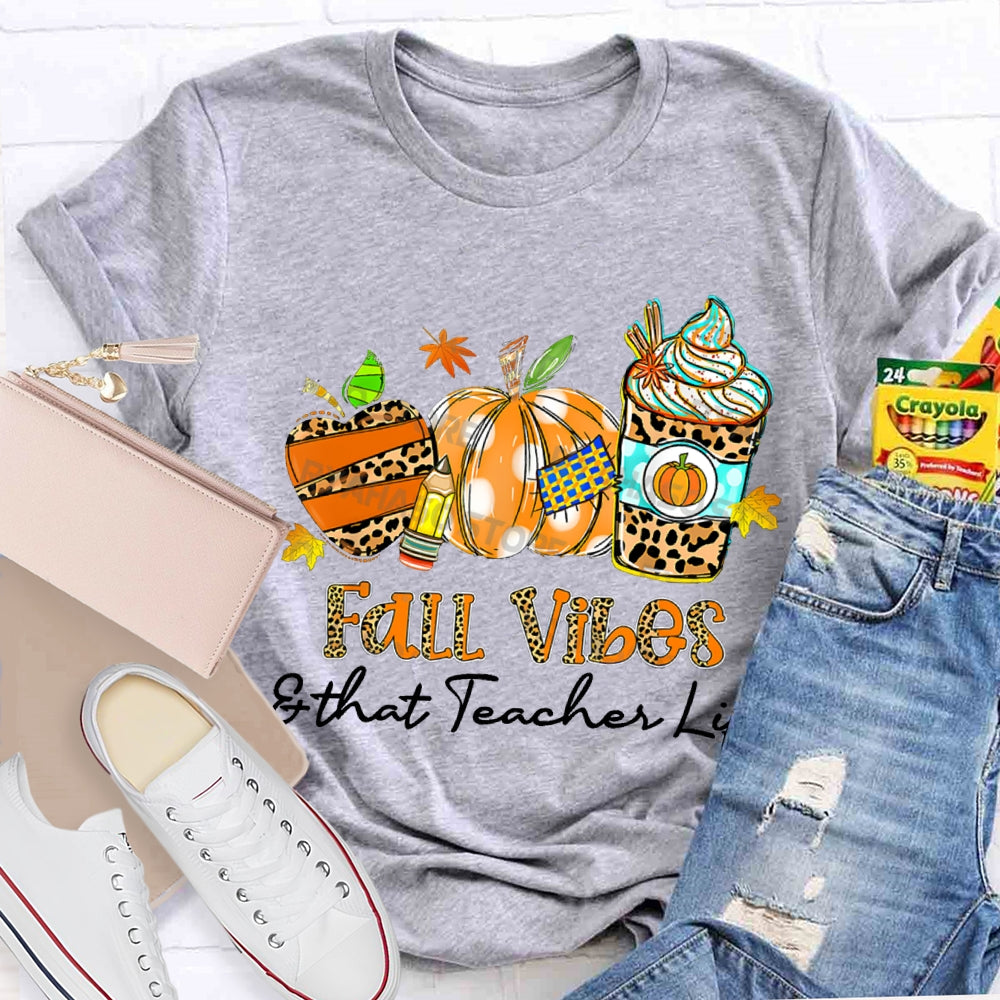 Fall Vibes And That Teacher Life Leopard Apple Milk Tea And Pumpkin T-shirt
