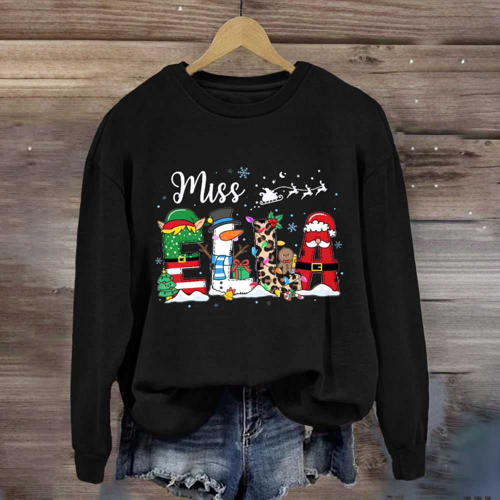 Personalized Name Fairy Lights And Santa Hat Snowman Sweatshirt