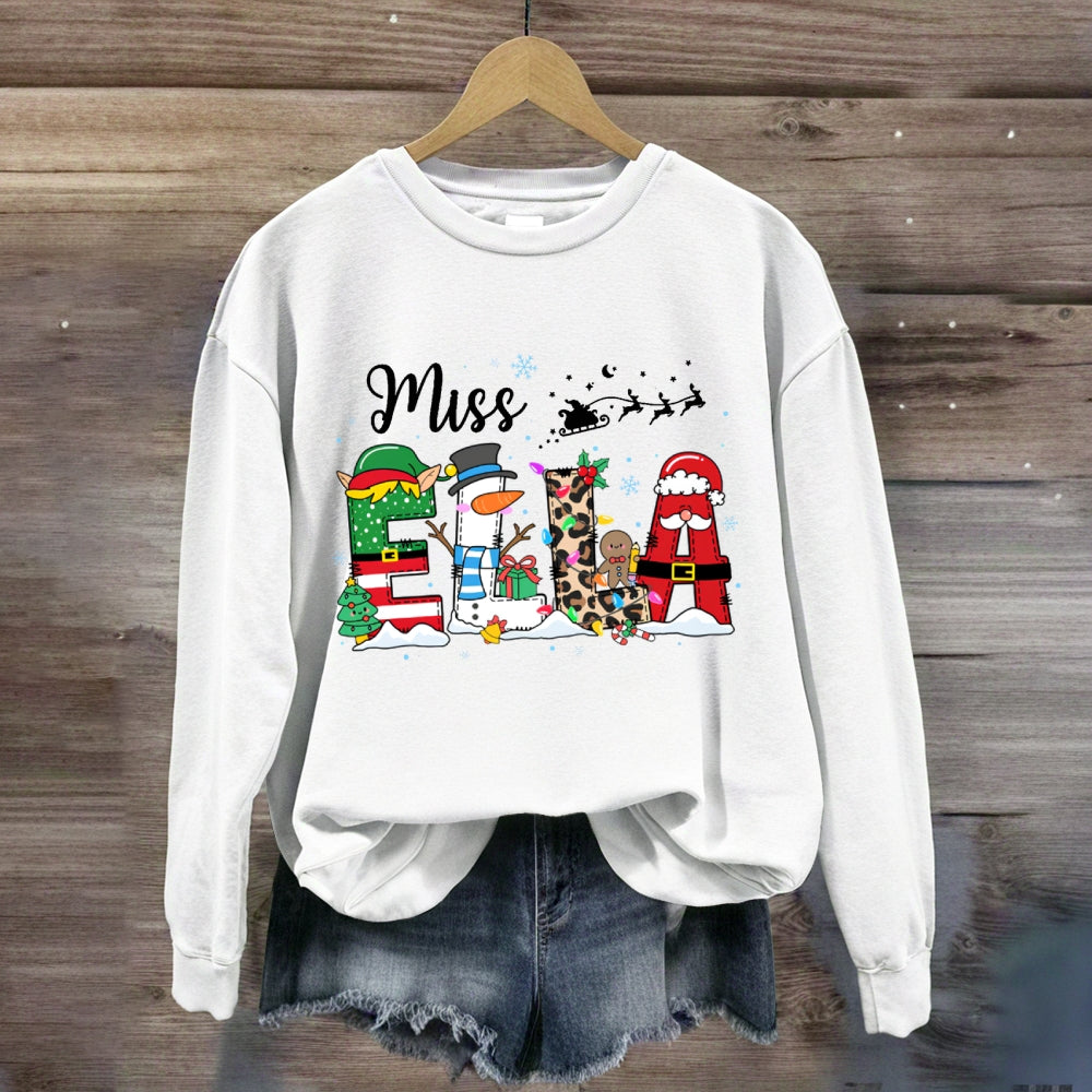 Personalized Name Fairy Lights And Santa Hat Snowman Sweatshirt
