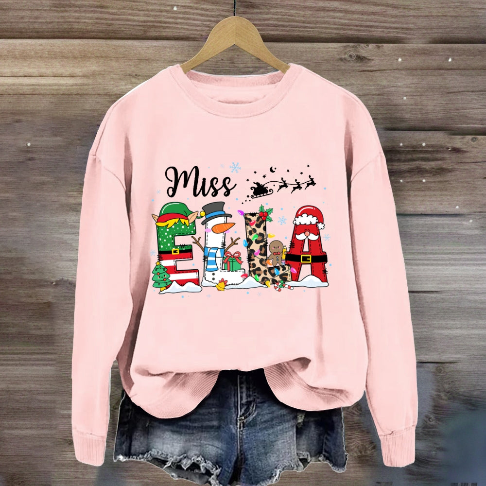 Personalized Name Fairy Lights And Santa Hat Snowman Sweatshirt