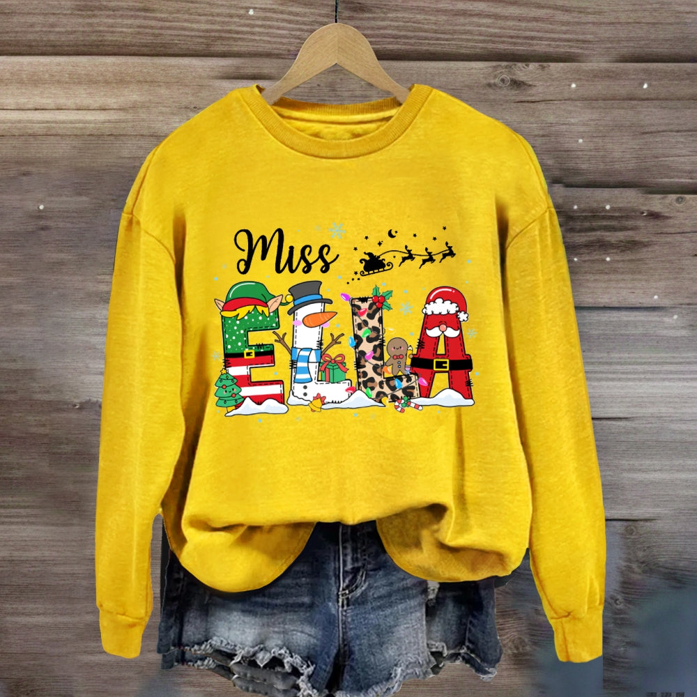 Personalized Name Fairy Lights And Santa Hat Snowman Sweatshirt