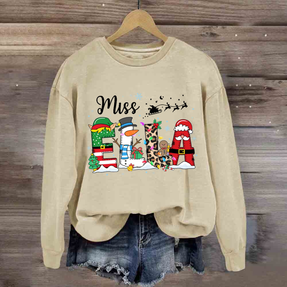 Personalized Name Fairy Lights And Santa Hat Snowman Sweatshirt